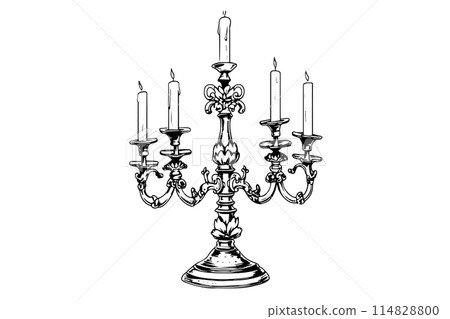 Black candlestick engraved in retro style on white background. Hand drawn doodle sketch style. Vintage vector illustration. 114828800