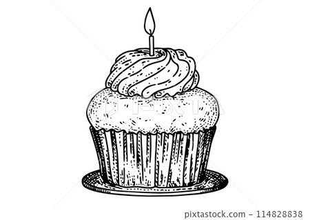 Candle cupcake hand drawn ink sketch. Engraved style retro vector illustration. 114828838