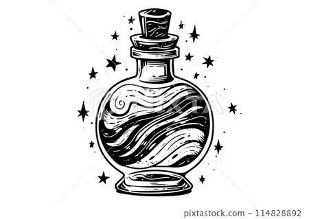 Magic bottle with potion hand drawn ink sketch. Engraved style vector illustration. 114828892