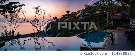 View of resort in Panwa beach at sunset, in Phuket, Thailand 114828925