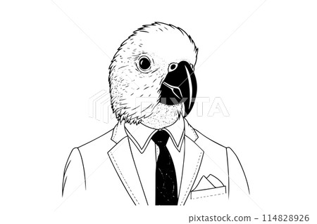 Parrot in tuxedo hand drawn ink sketch. Engraved style vector illustration. 114828926