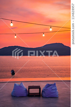 View of rooftop bar in Panwa beach at sunset, in Phuket, Thailand 114828957