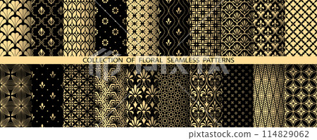 Geometric floral set of seamless patterns. Golden and black vector backgrounds. Damask graphic ornaments Geometric floral set of seamless patterns. Golden and black vector backgrounds. Damask graphic ornaments 114829062
