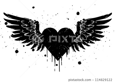 Love's Flight: Grungy Angel Wings and Heart Vector Illustration. Tattoo Design. 114829122