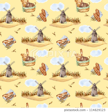 Windmill with various kind bread in watercolor seamless pattern isolated on beige background. Rustic landscape with rye for bakery in sketch style hand drawn. Design for package, wrapping paper 114829123
