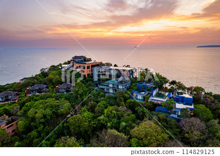 View of resort in Panwa beach at sunset, in Phuket, Thailand View of resort in Panwa beach at sunset, in Phuket, Thailand 114829125