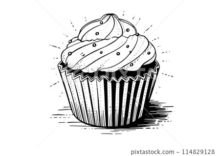 Cream cupcake hand drawn ink sketch. Engraved style retro vector illustration. Cream cupcake hand drawn ink sketch. Engraved style retro vector illustration. 114829128
