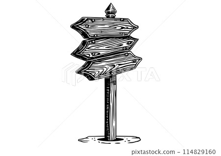 Retro wooden signpost sketch in engraved style on white background. Hand drawn vector poster. Retro wooden signpost sketch in engraved style on white background. Hand drawn vector poster. 114829160