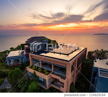 View of resort in Panwa beach at sunset, in Phuket, Thailand 114829184