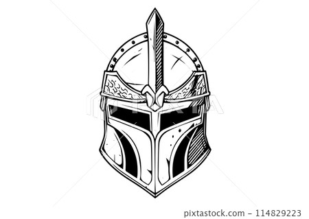 Knight helmet hand drawn ink sketch. Engraved style vector illustration. 114829223
