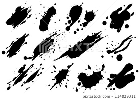 Vector set of ink splashes. Black inked splatter dirt stain splattered spray splash with drops blots isolated. Vector set of ink splashes. Black inked splatter dirt stain splattered spray splash with drops blots isolated. 114829311