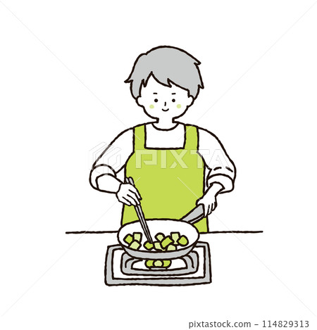 一個男人在煎鍋裡煎炸配料的插圖 114829313