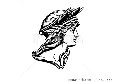 Hermes head hand drawn ink sketch. Engraved style vector illustration. Hermes head hand drawn ink sketch. Engraved style vector illustration. 114829337
