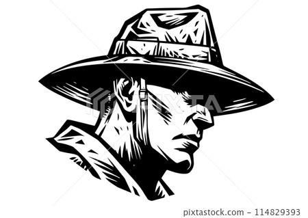 Antique explorer in pith helmet and safari gear. Engraved style vecotr illustration. 114829393