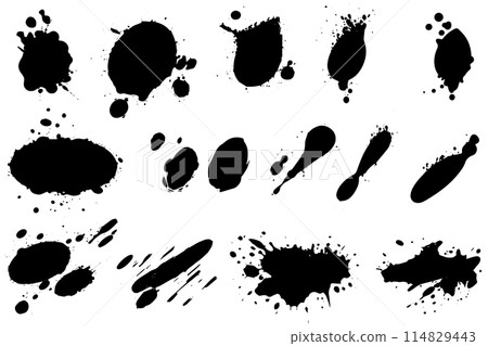 Vector set of ink splashes. Black inked splatter dirt stain splattered spray splash with drops blots isolated. Vector set of ink splashes. Black inked splatter dirt stain splattered spray splash with drops blots isolated. 114829443