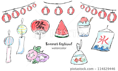 一組簡單的手繪畫筆和水彩插圖，靈感來自夏季和夏季節日。 114829446