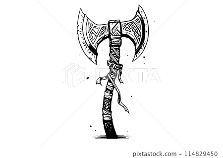 War axe hand drawn ink sketch. Engraved style vector illustration. 114829450