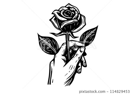 Vintage Hand-Drawn Rose in hand: Black and White Tattoo Vector Print Illustration. 114829453