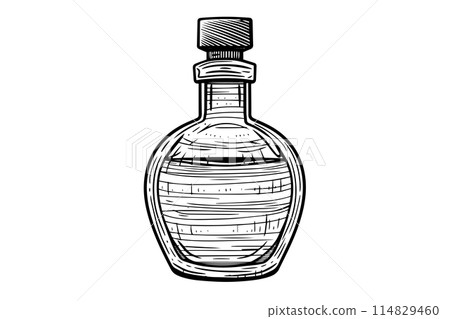Bottle with wooden stopper hand drawn ink sketch. Engraved style vector illustration. 114829460