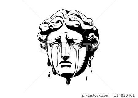 Crying hermes head hand drawn ink sketch. Engraved style vector illustration. Crying hermes head hand drawn ink sketch. Engraved style vector illustration. 114829461