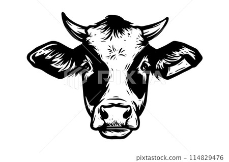 Dairy Delight: Vintage Vector Sketch of a Holstein Cow Head Logotype. Dairy Delight: Vintage Vector Sketch of a Holstein Cow Head Logotype. 114829476