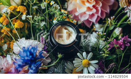 Cosmetic branding, toiletries and skincare concept. Face cream moisturizer jar on floral background, moisturizing skin care lotion and lifting emulsion, anti-age cosmetics for luxury beauty brand Cosmetic branding, toiletries and skincare concept. Face cream moisturizer jar on floral background, moisturizing skin care lotion and lifting emulsion, anti-age cosmetics for luxury beauty brand 114829504