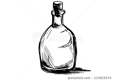 Vintage glass whisky bottle woodcut engraved vector sketch. 114829554