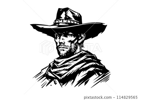 Cowboy sheriff bust or head on hat in engraving style. Hand drawn ink sketch. Vector illustration. Cowboy sheriff bust or head on hat in engraving style. Hand drawn ink sketch. Vector illustration. 114829565