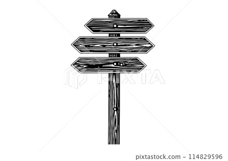 Retro wooden signpost sketch in engraved style on white background. Hand drawn vector poster. Retro wooden signpost sketch in engraved style on white background. Hand drawn vector poster. 114829596