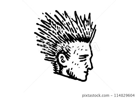 Vintage Punk Vector: Engraved Illustration of Mohawked Head. Icon Logotype. 114829604