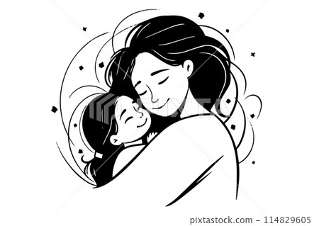 Happy family of mother and daughter sketch vector logo. Art of child and woman. 114829605