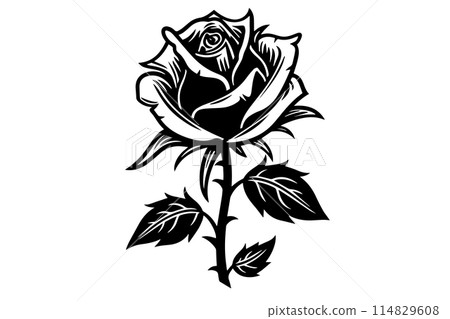 Vintage Woodcut Rose: Engraved Floral Tattoo Vector Line Art Print Illustration. Vintage Woodcut Rose: Engraved Floral Tattoo Vector Line Art Print Illustration. 114829608