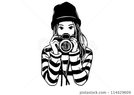 Continuous Line Vector Sketch. Woman with Camera, Photography Concept. Continuous Line Vector Sketch. Woman with Camera, Photography Concept. 114829609