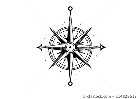 Retro engraved icon with gold compass engraved. Vintage vector illustration. Isolated background. Retro engraved icon with gold compass engraved. Vintage vector illustration. Isolated background. 114829612