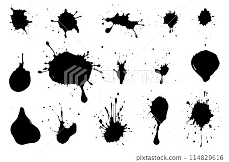 Vector set of ink splashes. Black inked splatter dirt stain splattered spray splash with drops blots isolated. Vector set of ink splashes. Black inked splatter dirt stain splattered spray splash with drops blots isolated. 114829616