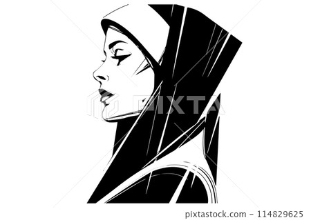 Nun woman sketch logotype in retro style. Vector engraved style illustration. 114829625
