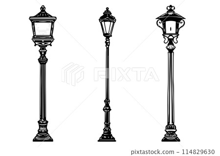 Lamppost hand drawn ink sketch. Engraved style vector illustration of street lantern. Lamppost hand drawn ink sketch. Engraved style vector illustration of street lantern. 114829630