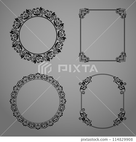 Set of decorative frames Elegant vector element for design in Eastern style, place for text. Floral black and gray borders. Lace illustration for invitations and greeting cards Set of decorative frames Elegant vector element for design in Eastern style, place for text. Floral black and gray borders. Lace illustration for invitations and greeting cards 114829908