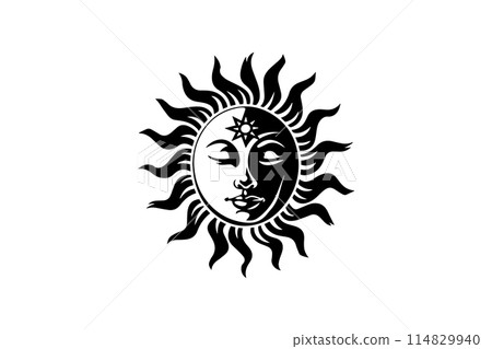 Vintage Mystichal Sun with Face: Vintage Logo Design Vector Illustration. Vintage Mystichal Sun with Face: Vintage Logo Design Vector Illustration. 114829940