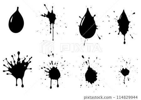 Vector set of ink splashes. Black inked splatter dirt stain splattered spray splash with drops blots isolated. Vector set of ink splashes. Black inked splatter dirt stain splattered spray splash with drops blots isolated. 114829944