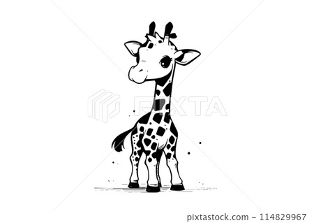 Little baby giraffe with cute face. Black and white vector sketch drawing illustration. Little baby giraffe with cute face. Black and white vector sketch drawing illustration. 114829967
