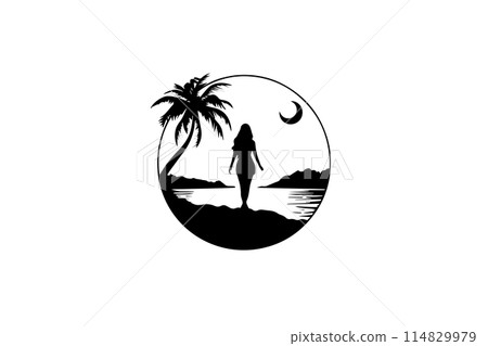 Moon Escape: Tropical Beach Resort, Palm and Girl Vector Logo Design. 114829979