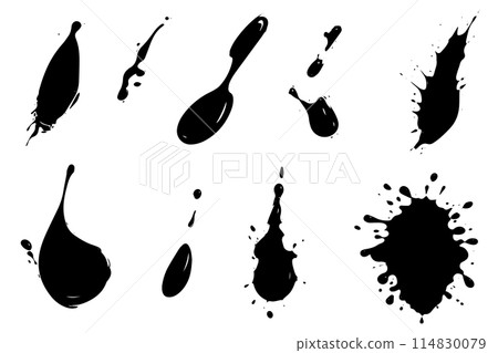 Vector set of ink splashes. Black inked splatter dirt stain splattered spray splash with drops blots isolated. Vector set of ink splashes. Black inked splatter dirt stain splattered spray splash with drops blots isolated. 114830079