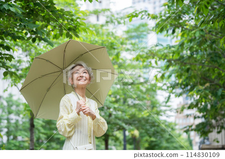 Senior woman sunblind 114830109