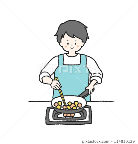 一個男人在煎鍋裡煎炸配料的插圖 一個男人在煎鍋裡煎炸配料的插圖 114830129