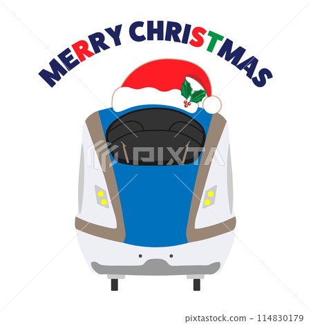 Illustration of the Hokuriku Shinkansen train wearing a Santa Claus hat with the words MERRY CHRISTMAS Illustration of the Hokuriku Shinkansen train wearing a Santa Claus hat with the words MERRY CHRISTMAS 114830179