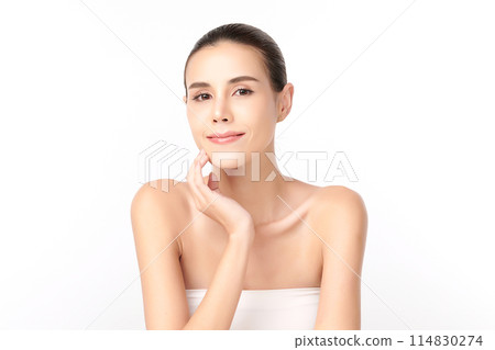 Beautiful young asian woman with clean fresh skin on white background, Face care, Facial treatment, Cosmetology, beauty and spa, Asian women portrait. Beautiful young asian woman with clean fresh skin on white background, Face care, Facial treatment, Cosmetology, beauty and spa, Asian women portrait. 114830274