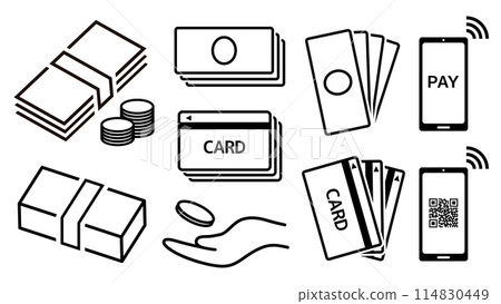 Money related icon set (banknotes, cash, cashless, cards) 114830449