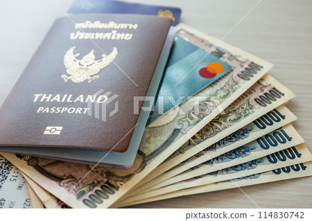 Passport, airline tickets or boarding pass, cash and credit cards for international business and leisure travel. 114830742