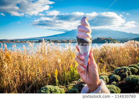 Hand holding soft serve ice cream at Lake Kawaguchiko with Mount Fuji in the background is a popular landmark among tourists. Hand holding soft serve ice cream at Lake Kawaguchiko with Mount Fuji in the background is a popular landmark among tourists. 114830760